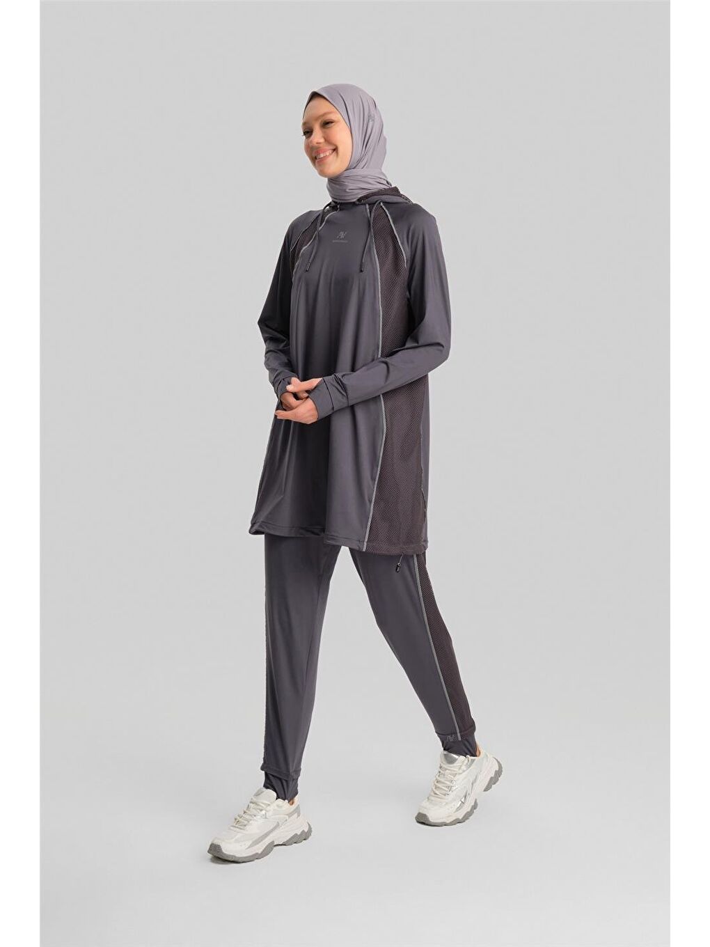Gri Seyyar Kapüşonlu Parmak Ve Kordon Detaylı Tunik 23K4735 Antrasit-1