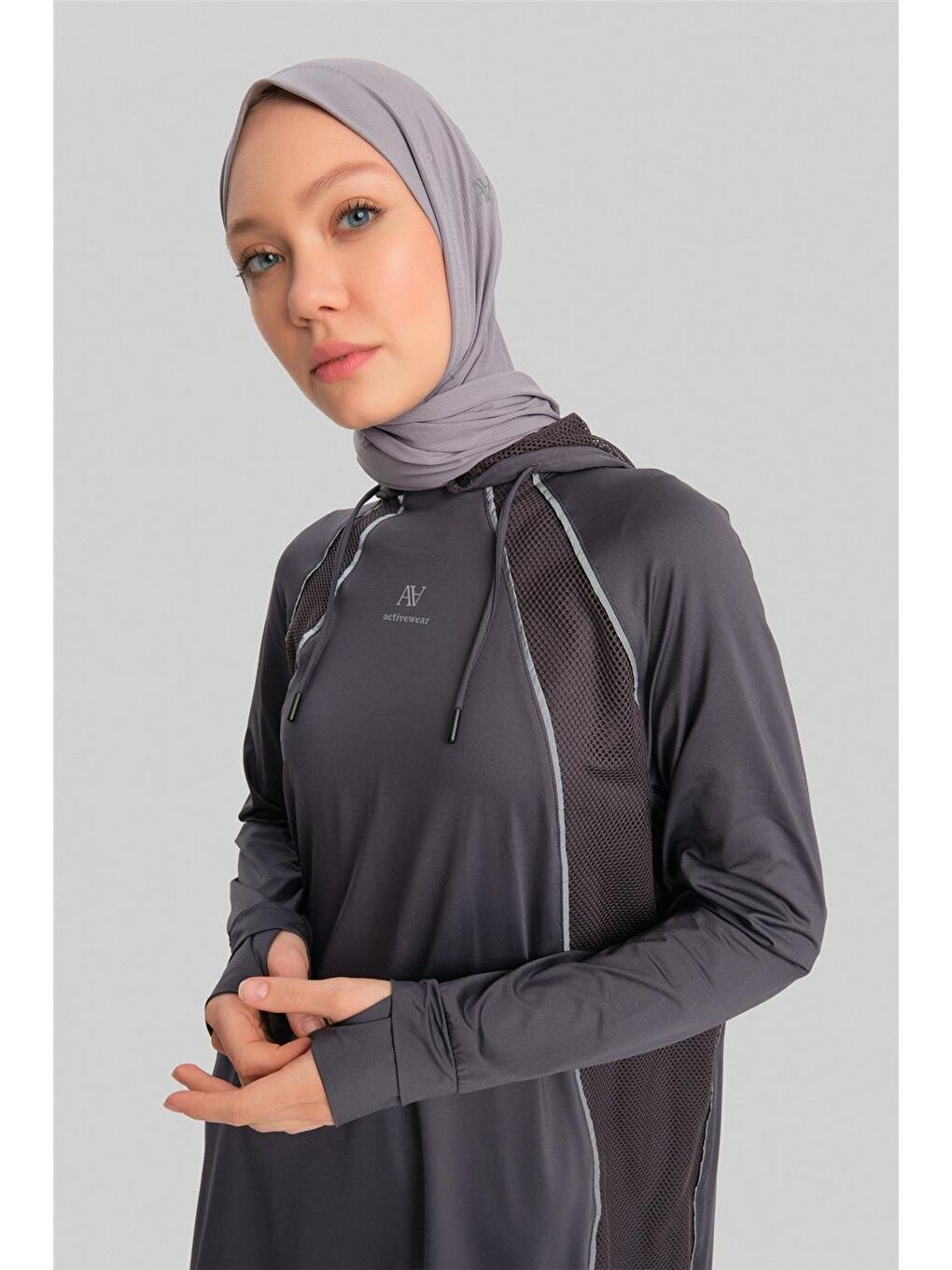 Gri Seyyar Kapüşonlu Parmak Ve Kordon Detaylı Tunik 23K4735 Antrasit-2
