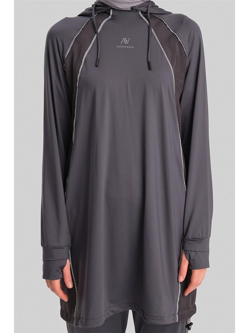 Gri Seyyar Kapüşonlu Parmak Ve Kordon Detaylı Tunik 23K4735 Antrasit-5