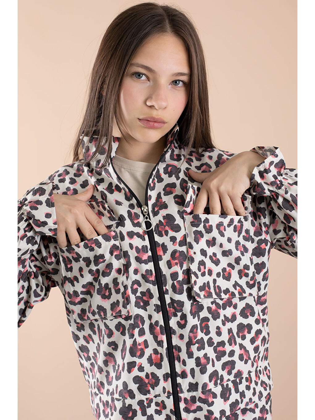 Kırmızı Leopar Desenli Paraşüt Ceketli Bisiklet Yaka Tişörtlü Kız Çocuk 3lü Takım 20639-3