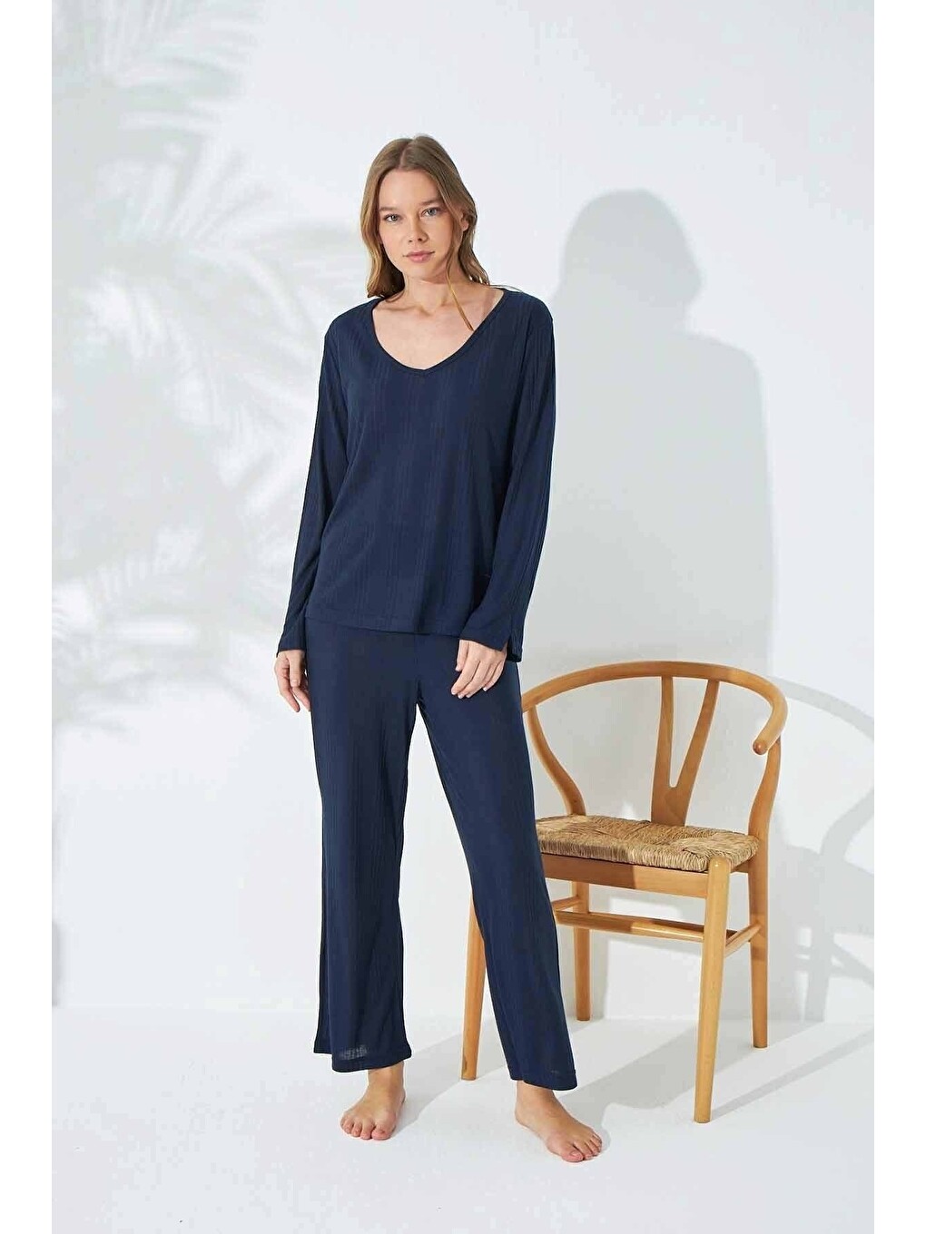 Lacivert Soft Touch Ince Örme Pijama Takım-1