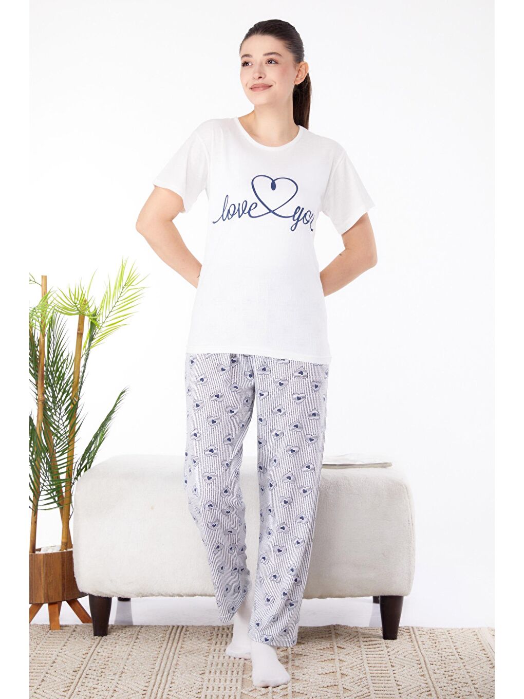 Bisiklet Yaka Kadın Beyaz Baskılı Pijama Takımı - 25586