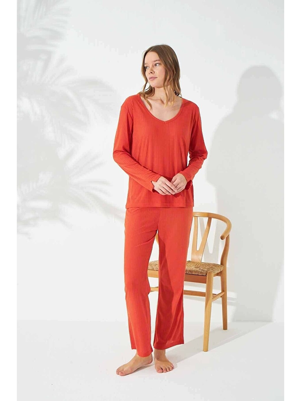 Turuncu Soft Touch Ince Örme Pijama Takım-1