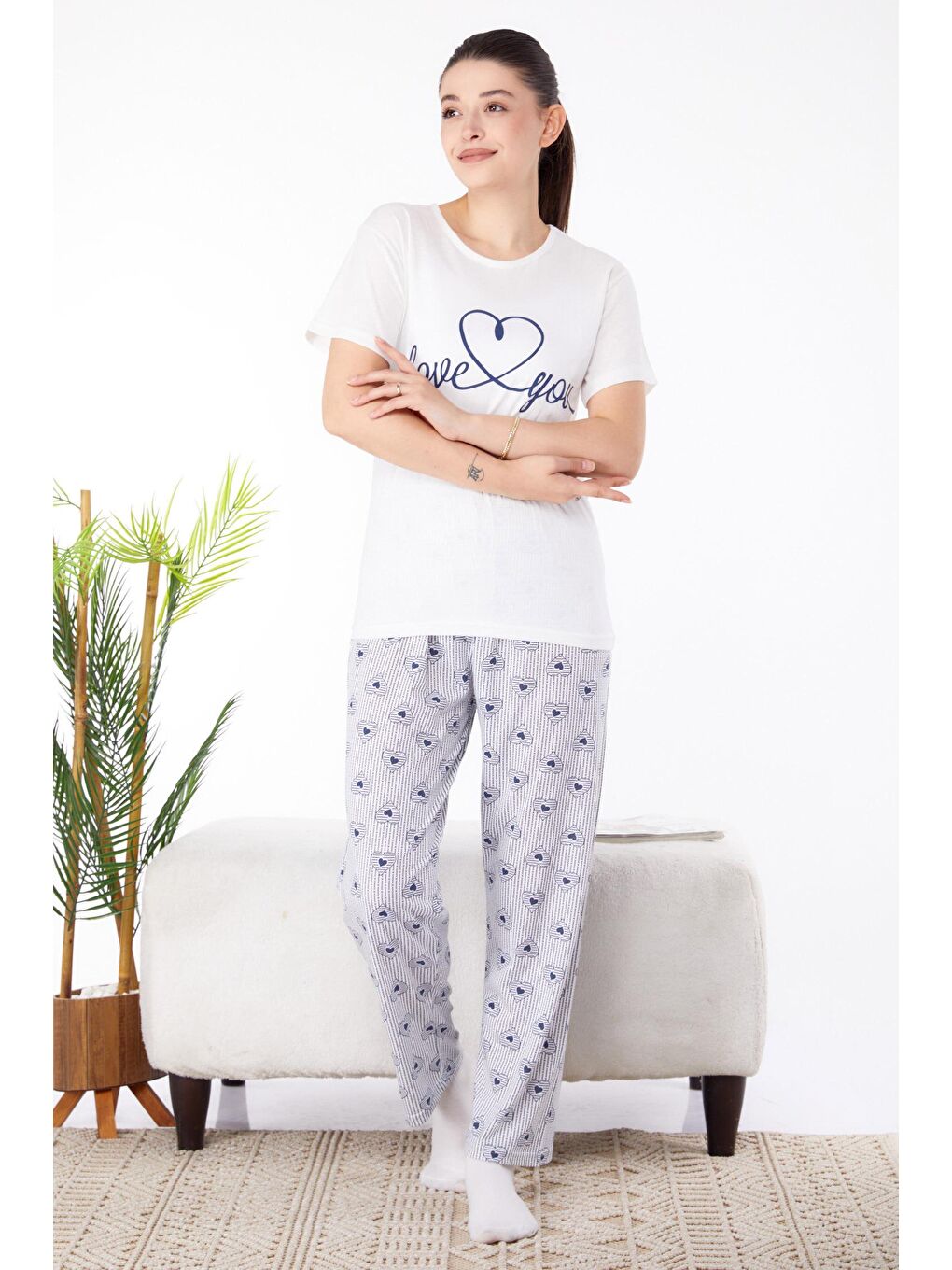 Bisiklet Yaka Kadın Beyaz Baskılı Pijama Takımı - 25586-1