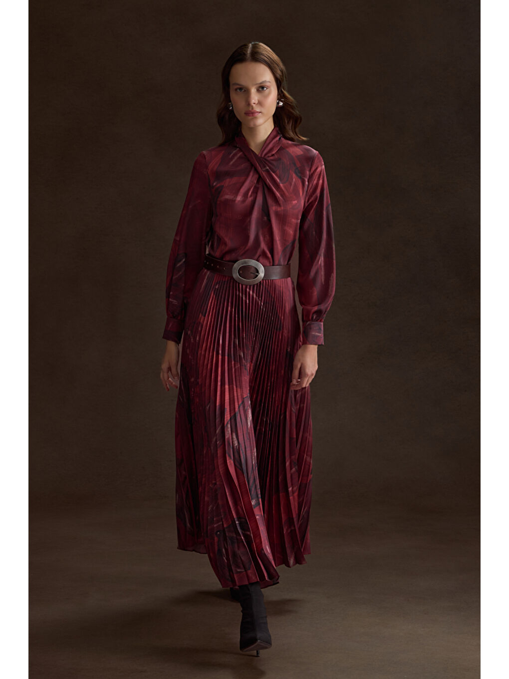 Bordo Piliseli Desenli Etek