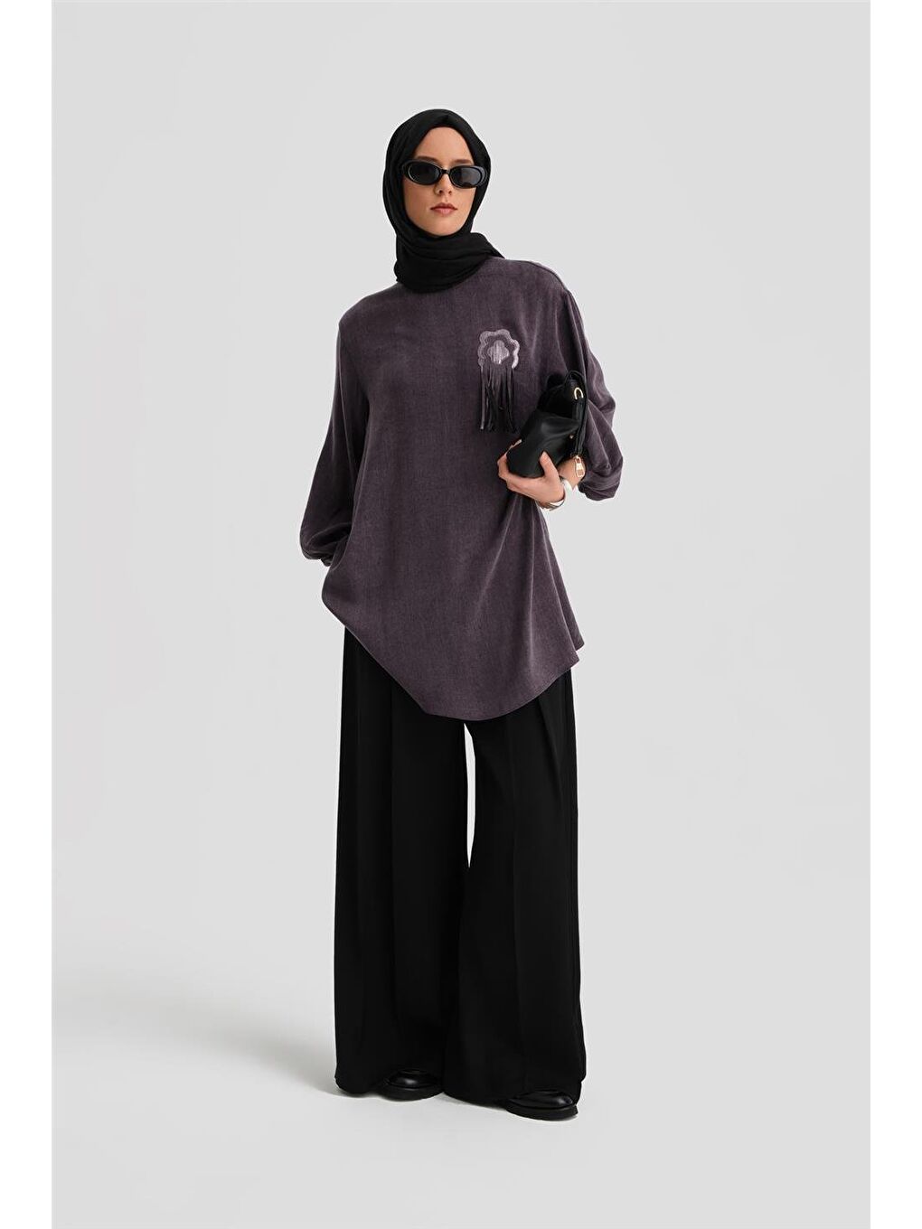 Simli Çiçek Aplikeli Cupra Tunik 24K4303 Mor-1