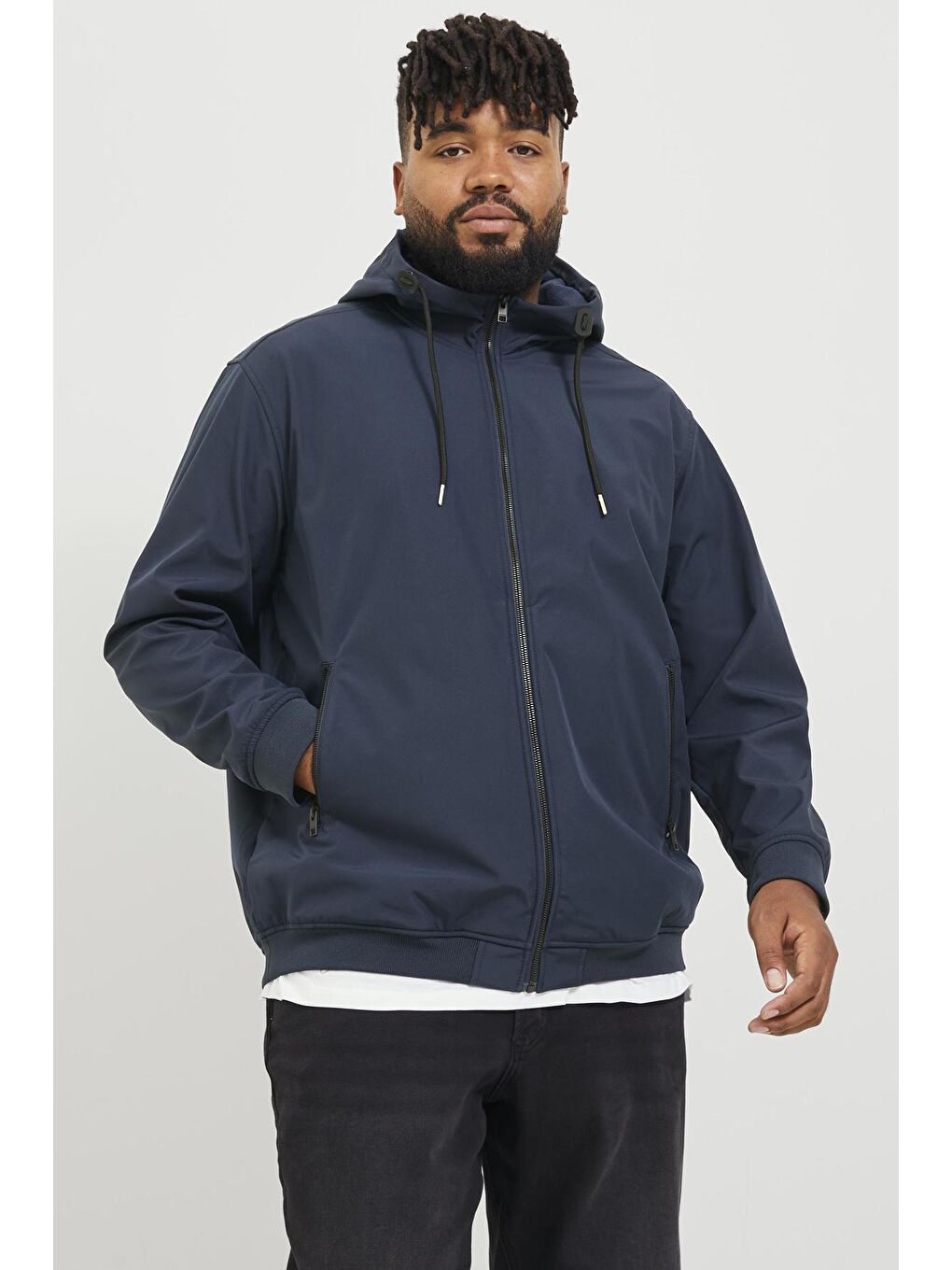 Jack & Jones Lacivert Jjebasic Büyük Beden Suya Dayanıklı Kapüşonlu Softshell Erkek Mont 12236331