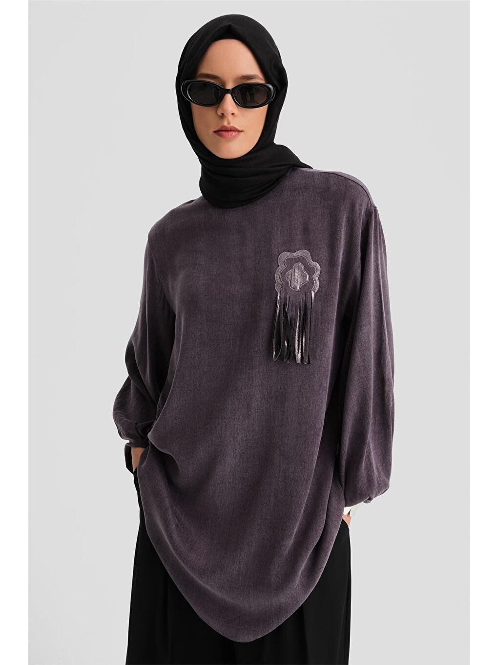 Simli Çiçek Aplikeli Cupra Tunik 24K4303 Mor-2