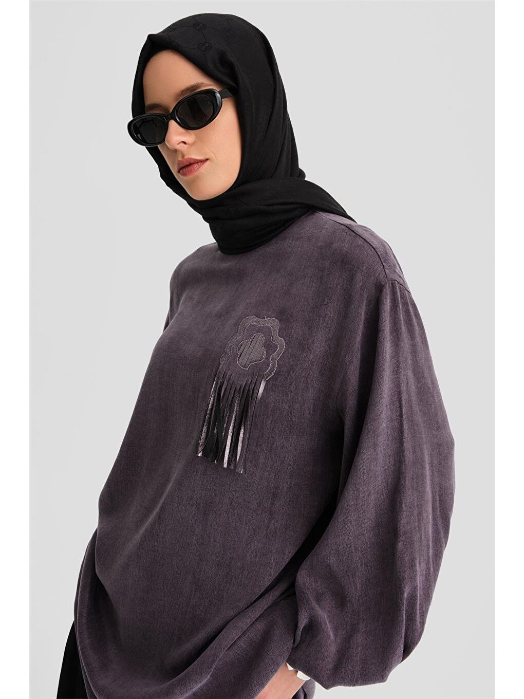 Simli Çiçek Aplikeli Cupra Tunik 24K4303 Mor-3