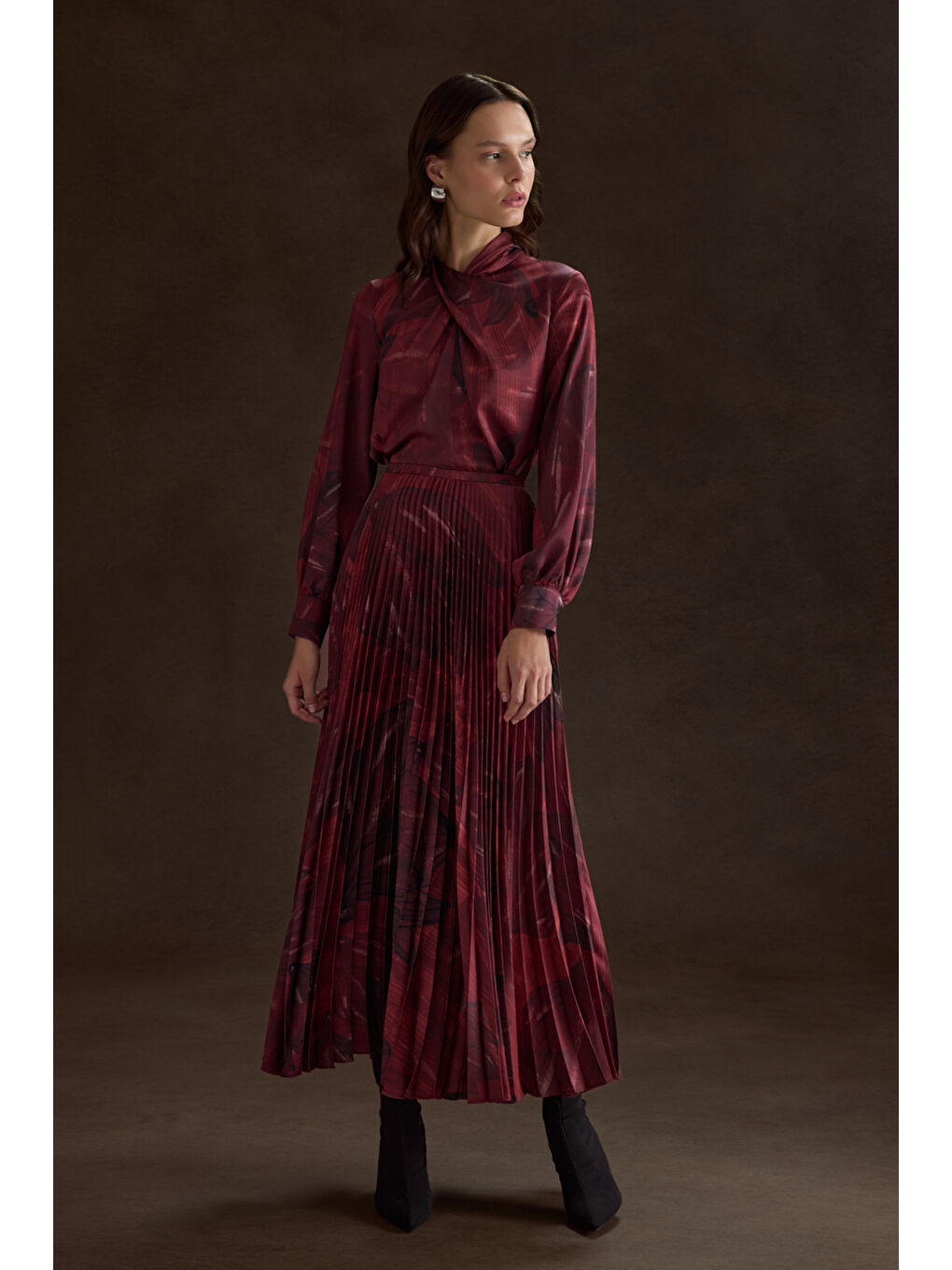 Bordo Piliseli Desenli Etek-1