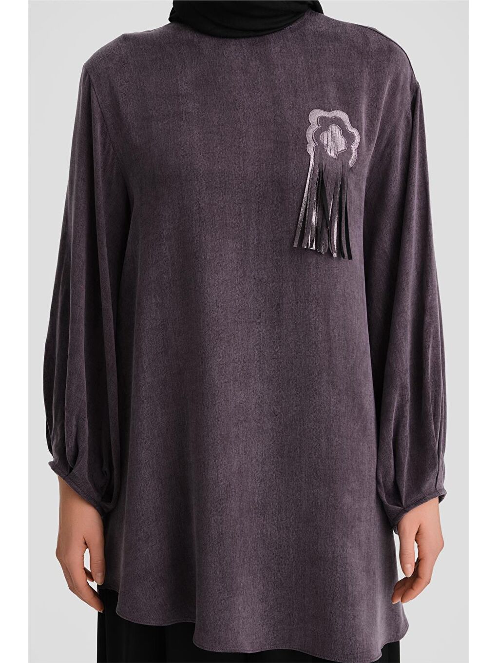 Simli Çiçek Aplikeli Cupra Tunik 24K4303 Mor-4