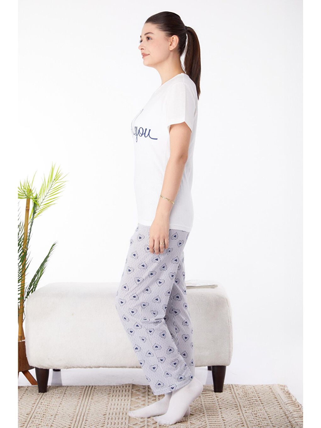 Bisiklet Yaka Kadın Beyaz Baskılı Pijama Takımı - 25586-3