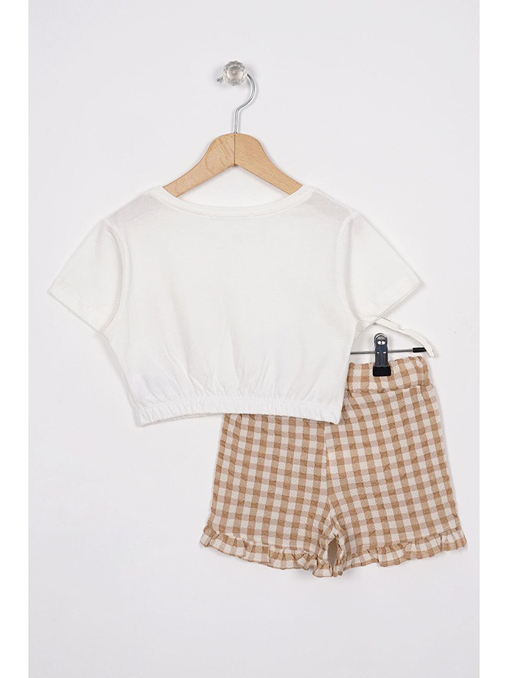 Lila Fırfır Detaylı Ekru Kahve Renk Kız Çocuk Şortlu Takım-2