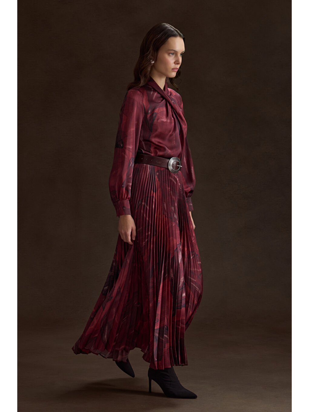 Bordo Piliseli Desenli Etek-3