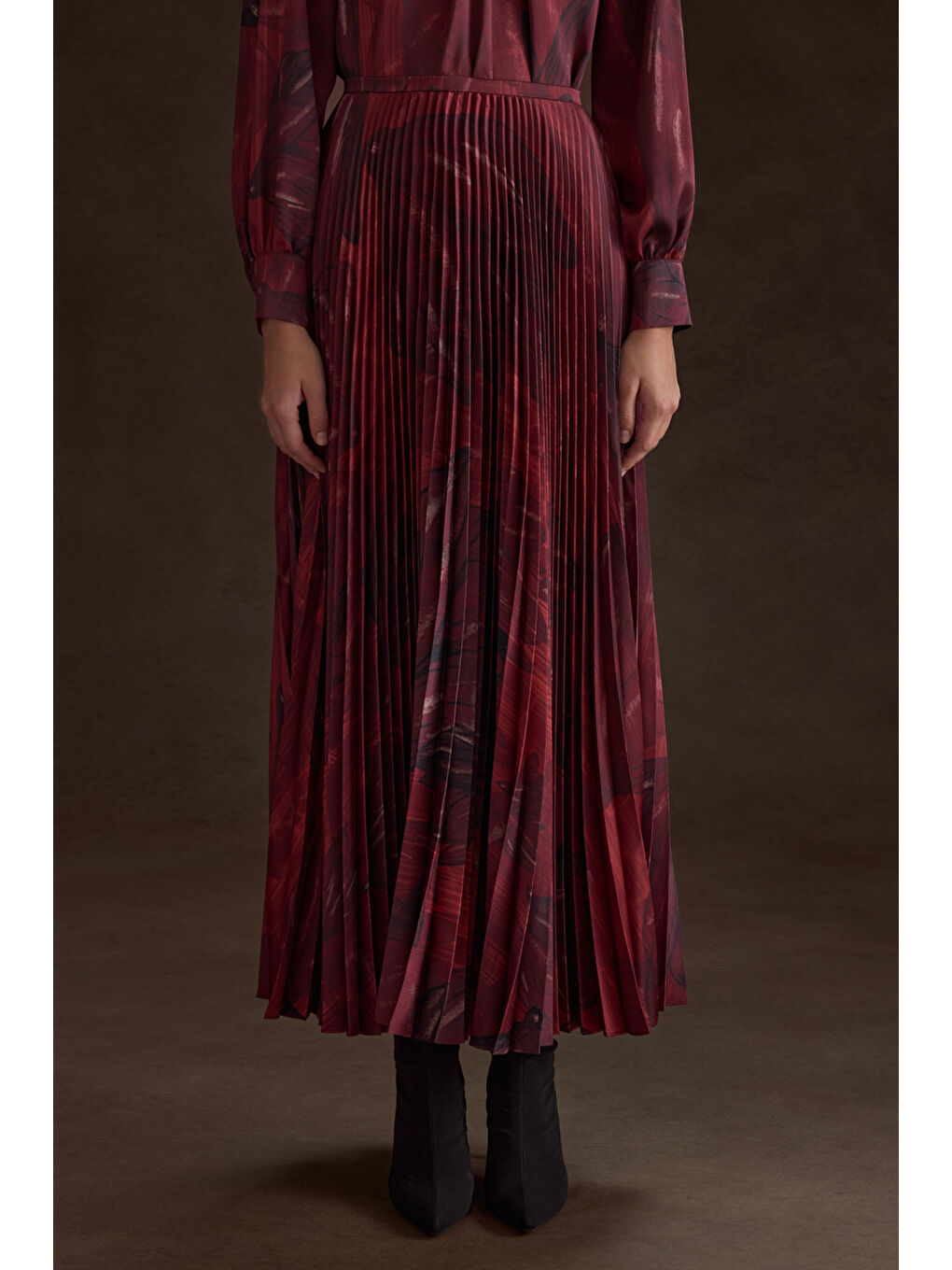 Bordo Piliseli Desenli Etek-4