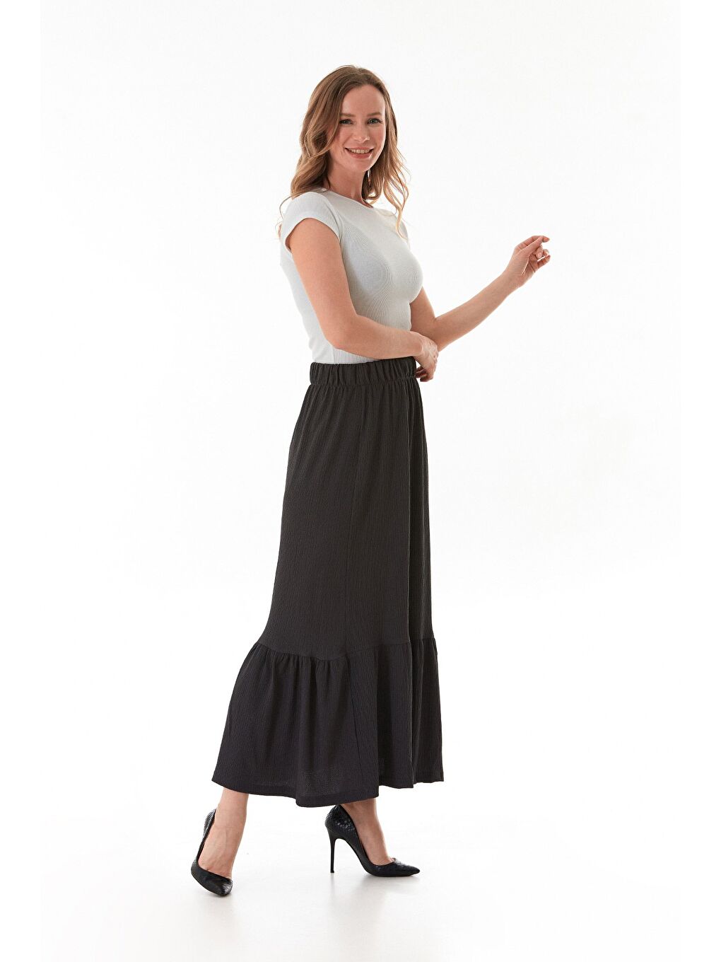 Antrasit Bürümcük Kumaş Beli Lastikli Etek-1