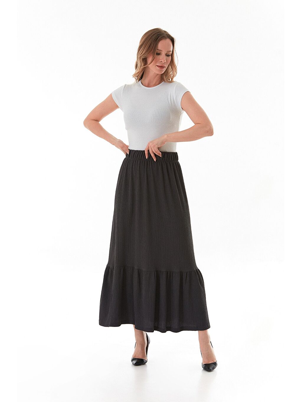 Antrasit Bürümcük Kumaş Beli Lastikli Etek-2