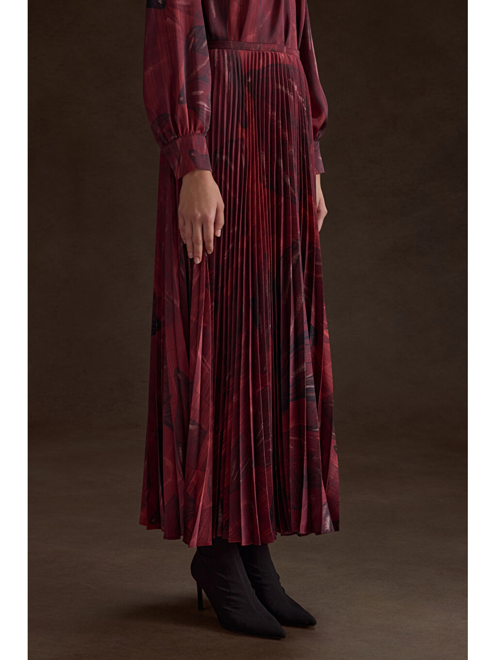 Bordo Piliseli Desenli Etek-5