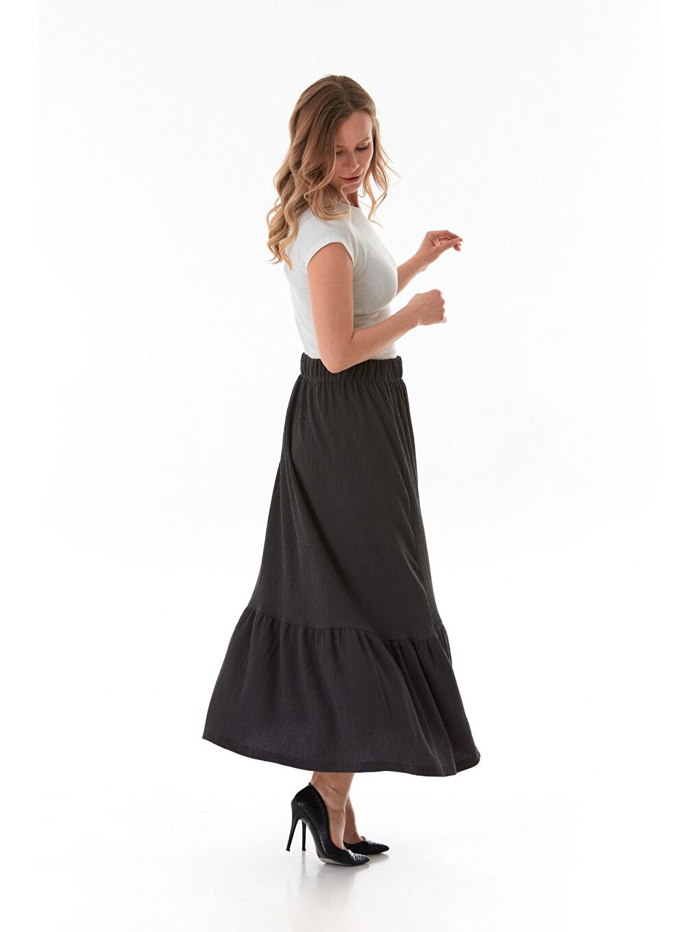 Antrasit Bürümcük Kumaş Beli Lastikli Etek-4