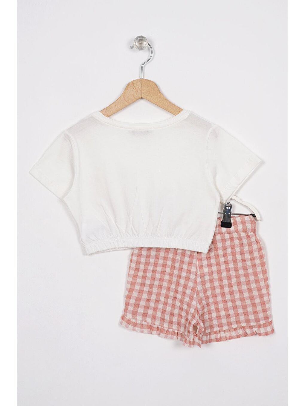 Lila Fırfır Detaylı Ekru Pudra Renk Kız Çocuk Şortlu Takım-1