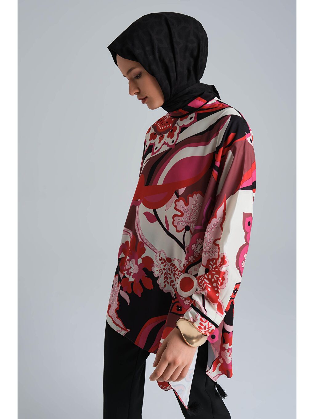 Karışık Desenli Asimetrik Bluz 24K3623 Kırmızı