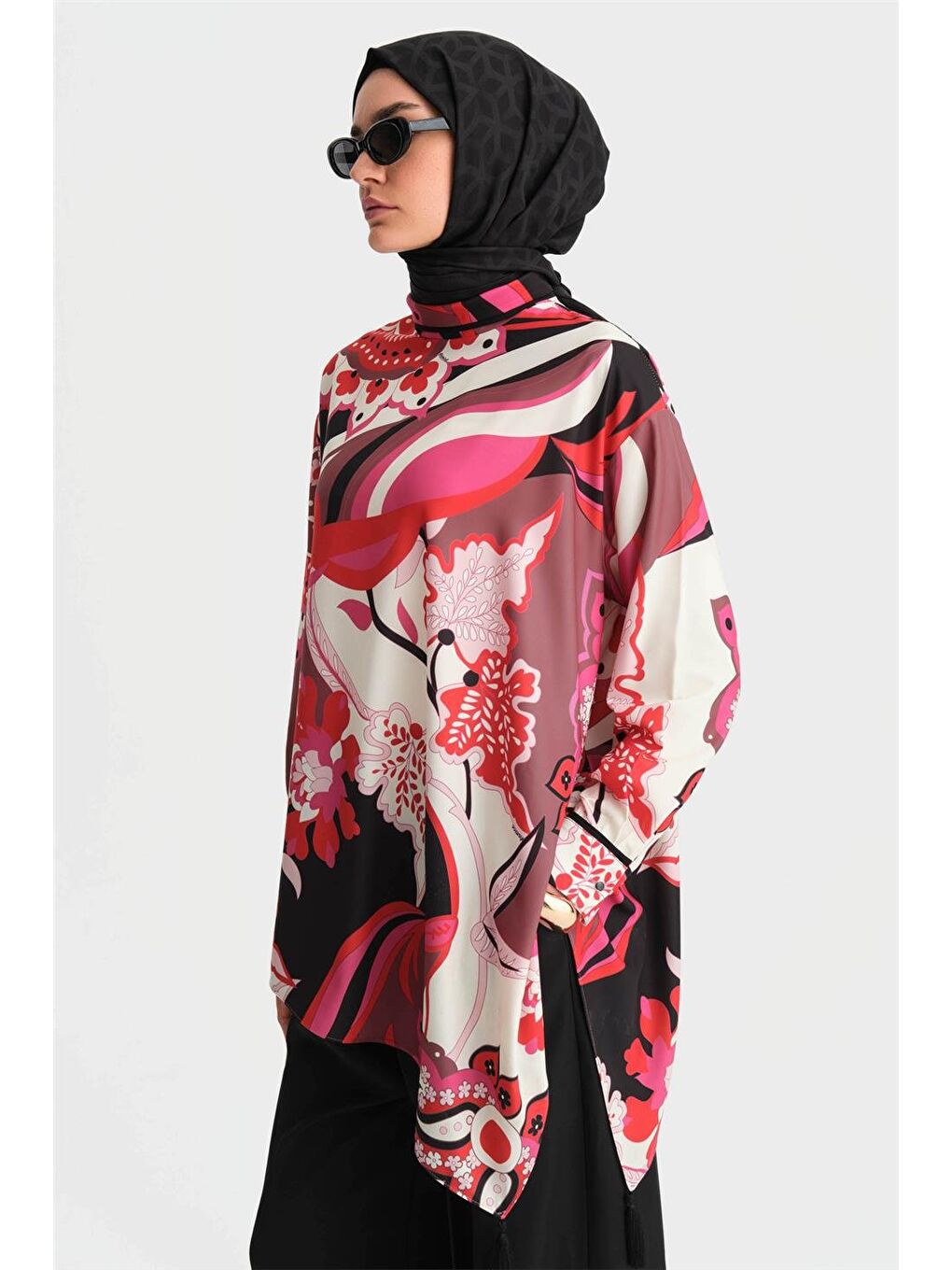 Karışık Desenli Asimetrik Bluz 24K3623 Kırmızı-2