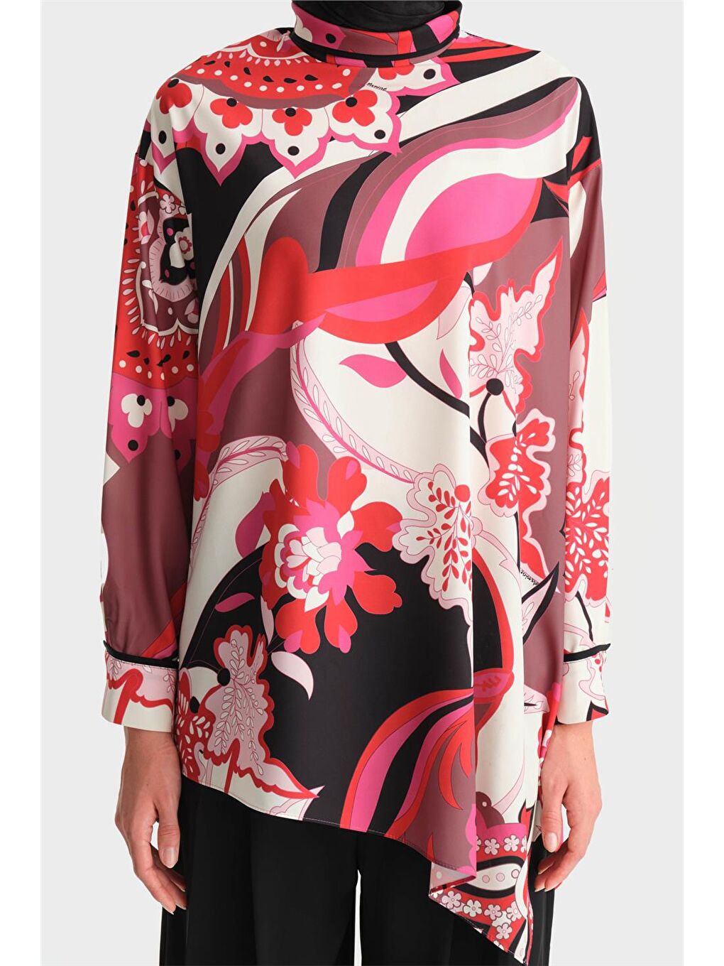 Karışık Desenli Asimetrik Bluz 24K3623 Kırmızı-3