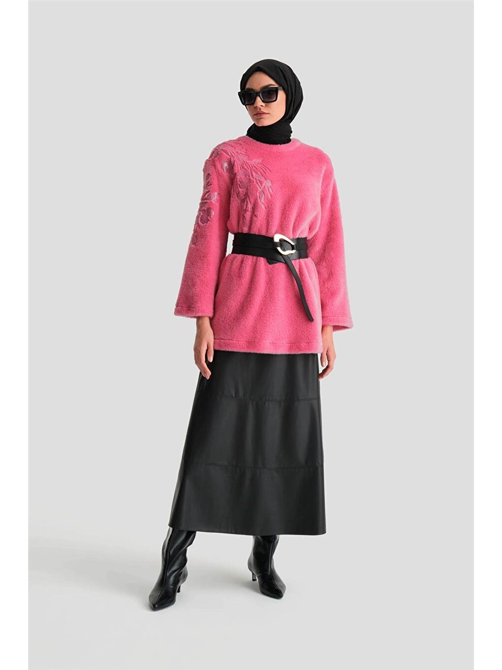 Nakış Detaylı Pelüş Tunik 24K4304 Pembe-1