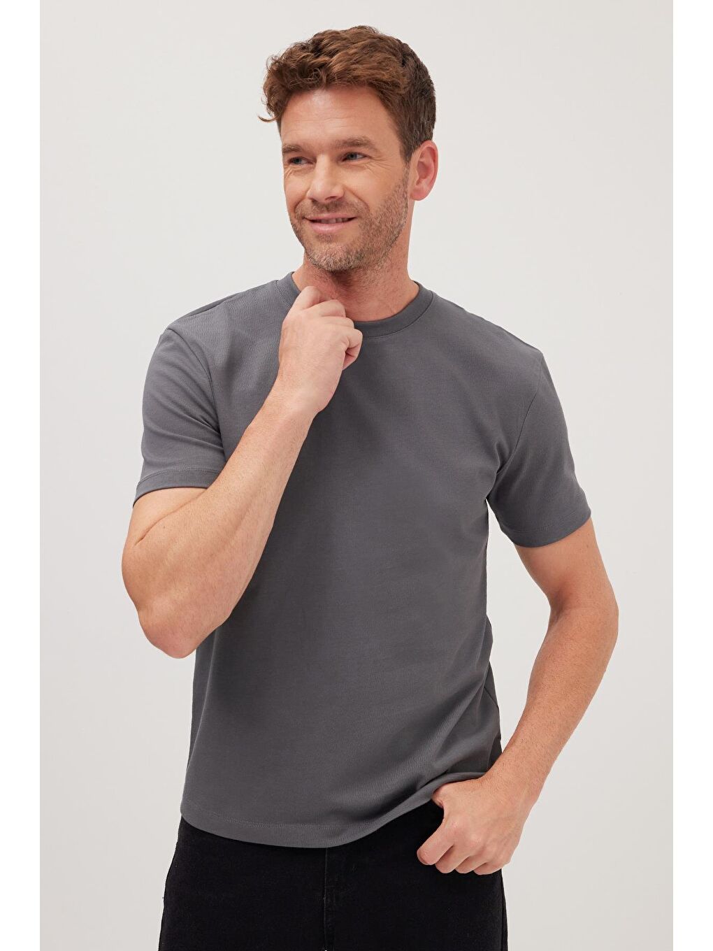 Gri Erkek Regular Fit Klasik Kesim %100 Pamuk Bisiklet Yaka Füme Tişört-3