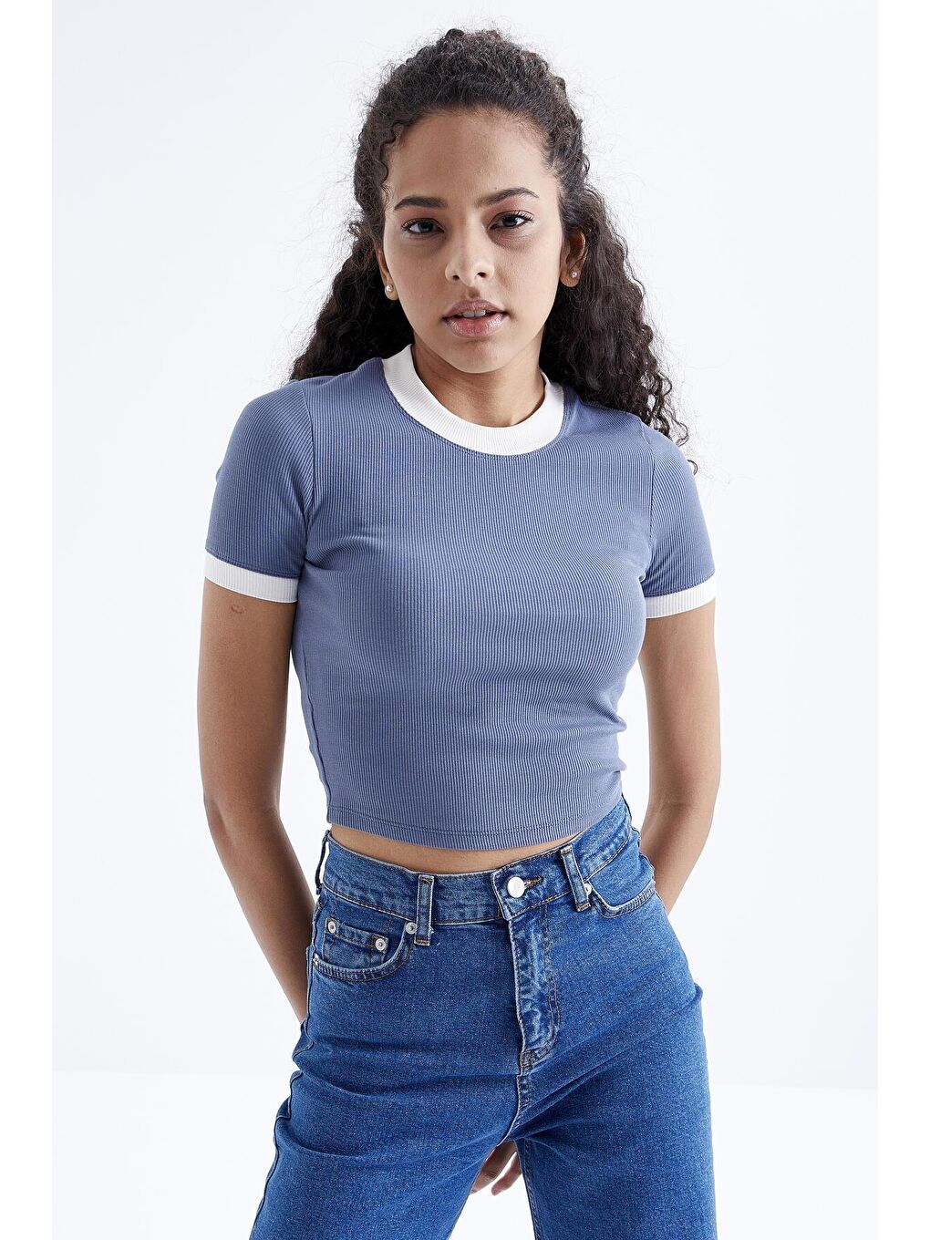 TOMMYLIFE Petrol Basic Kol Detaylı O Yaka Kadın Crop Top T-Shirt - 97200