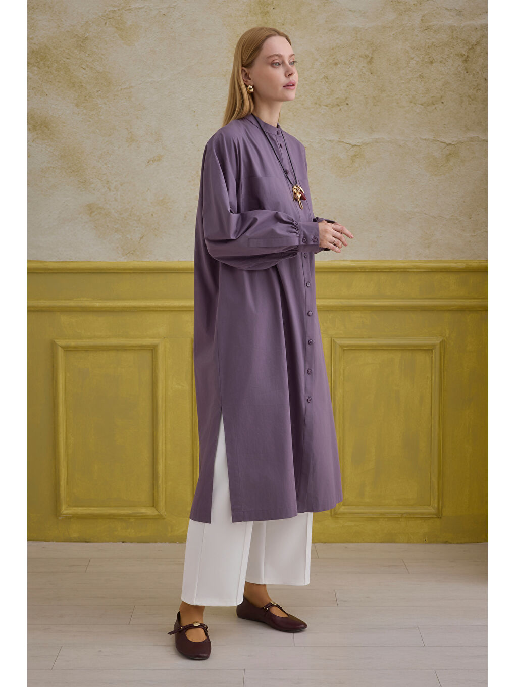 Lila Hakim Yaka Uzun Tunik Retro Violet-1