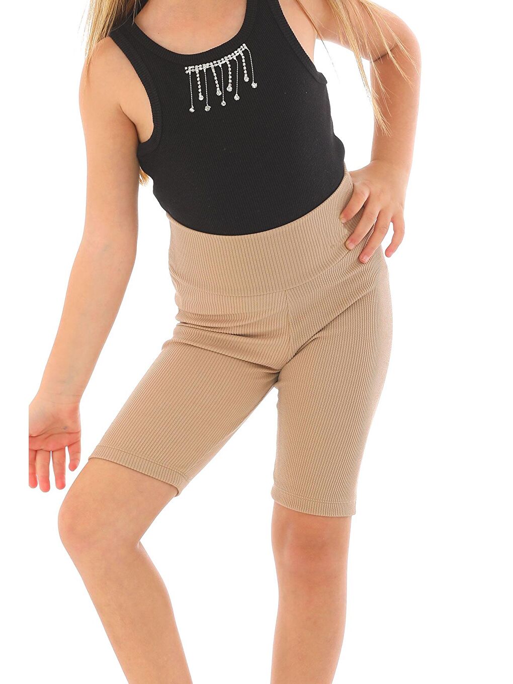 Fitilli Bej Renk Kız Çocuk Tayt-5