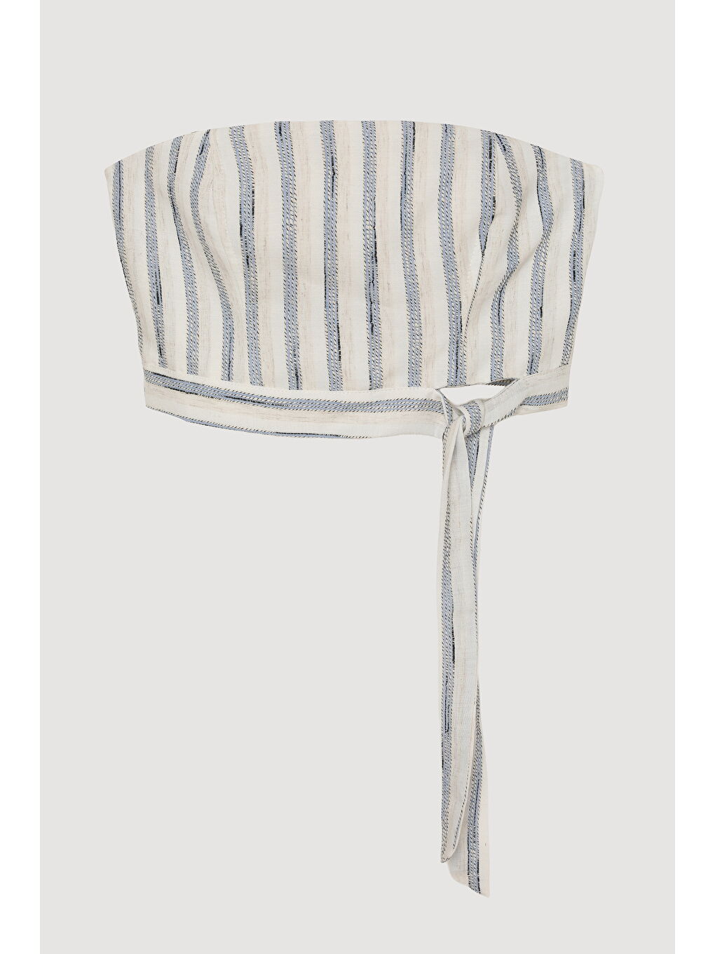 Çizgili Bağlamalı Straplez Keten Bluz Mavi-1