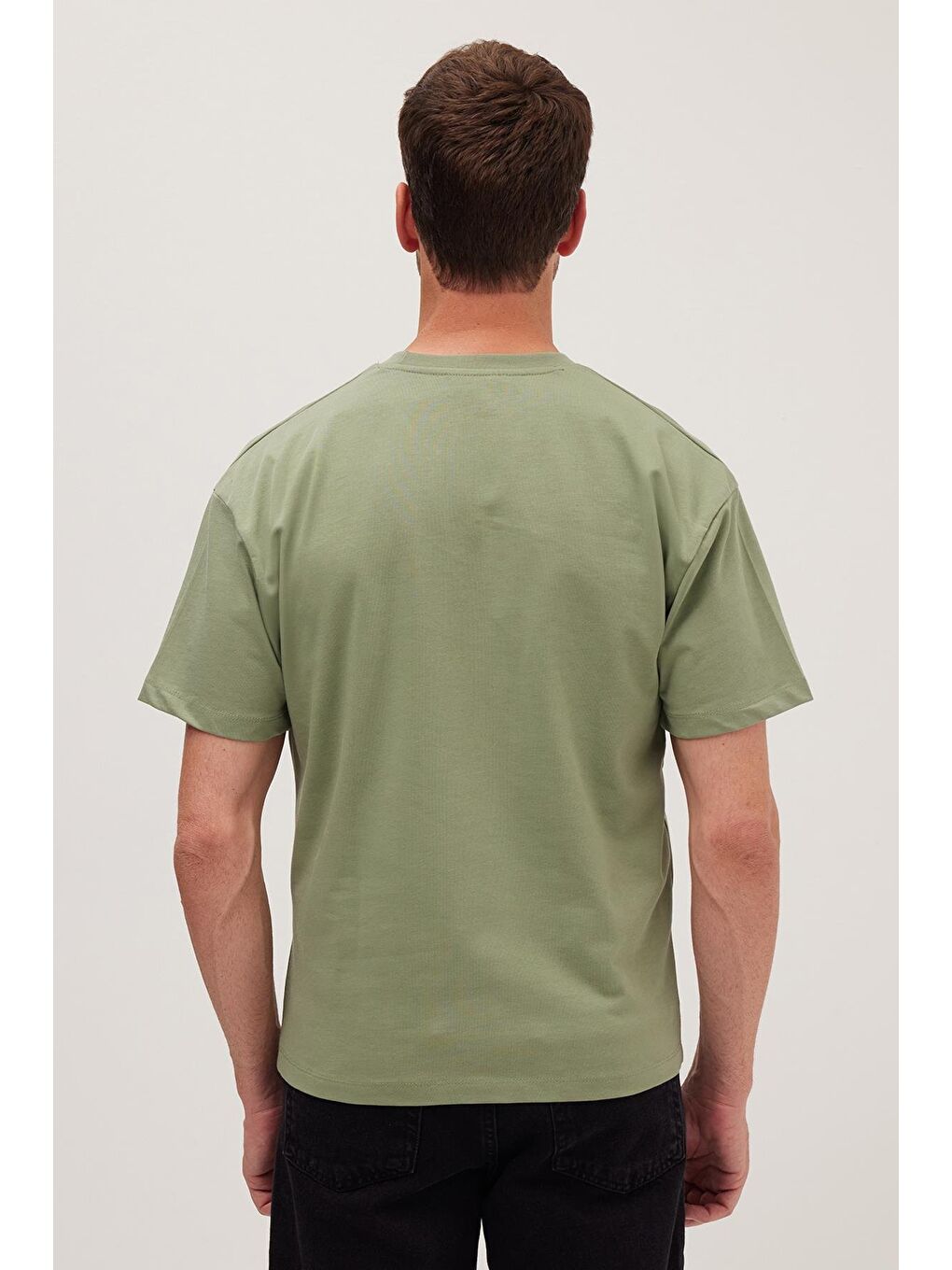 Erkek Boxy Fit Bol Kesim %100 Pamuk Bisiklet Yaka Yeşil Tişört-5