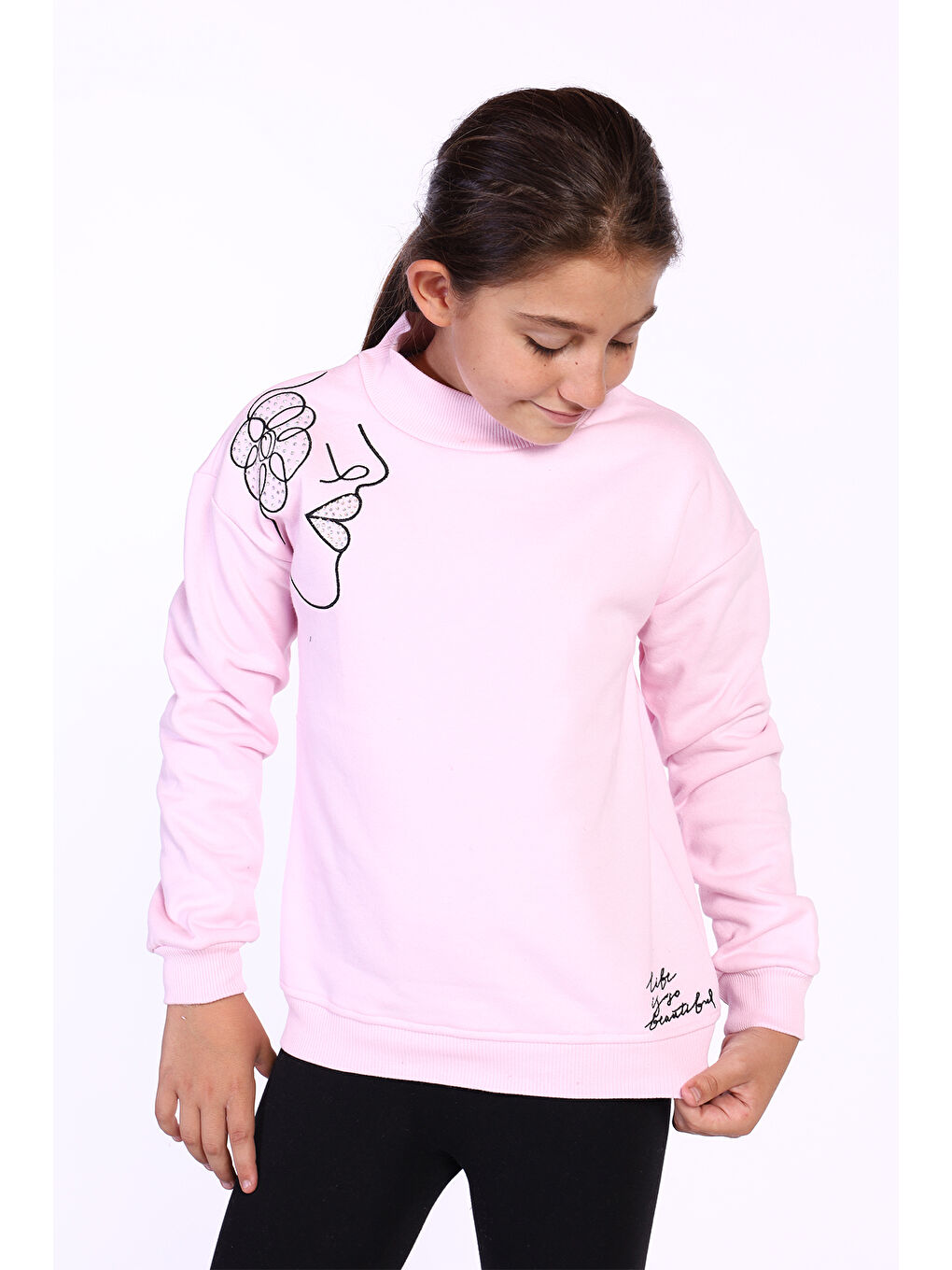 Pembe Kız Çocuk Nakışlı Taş İşlemeli Balıkçı Yaka Sweatshirt