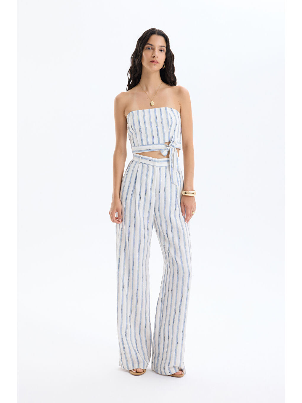 Çizgili Bağlamalı Straplez Keten Bluz Mavi-2