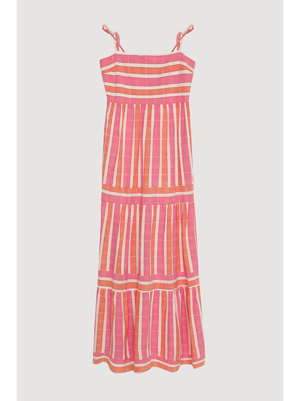 Boncuk Aksesuarlı Çizgili Midi Elbise Pembe-1