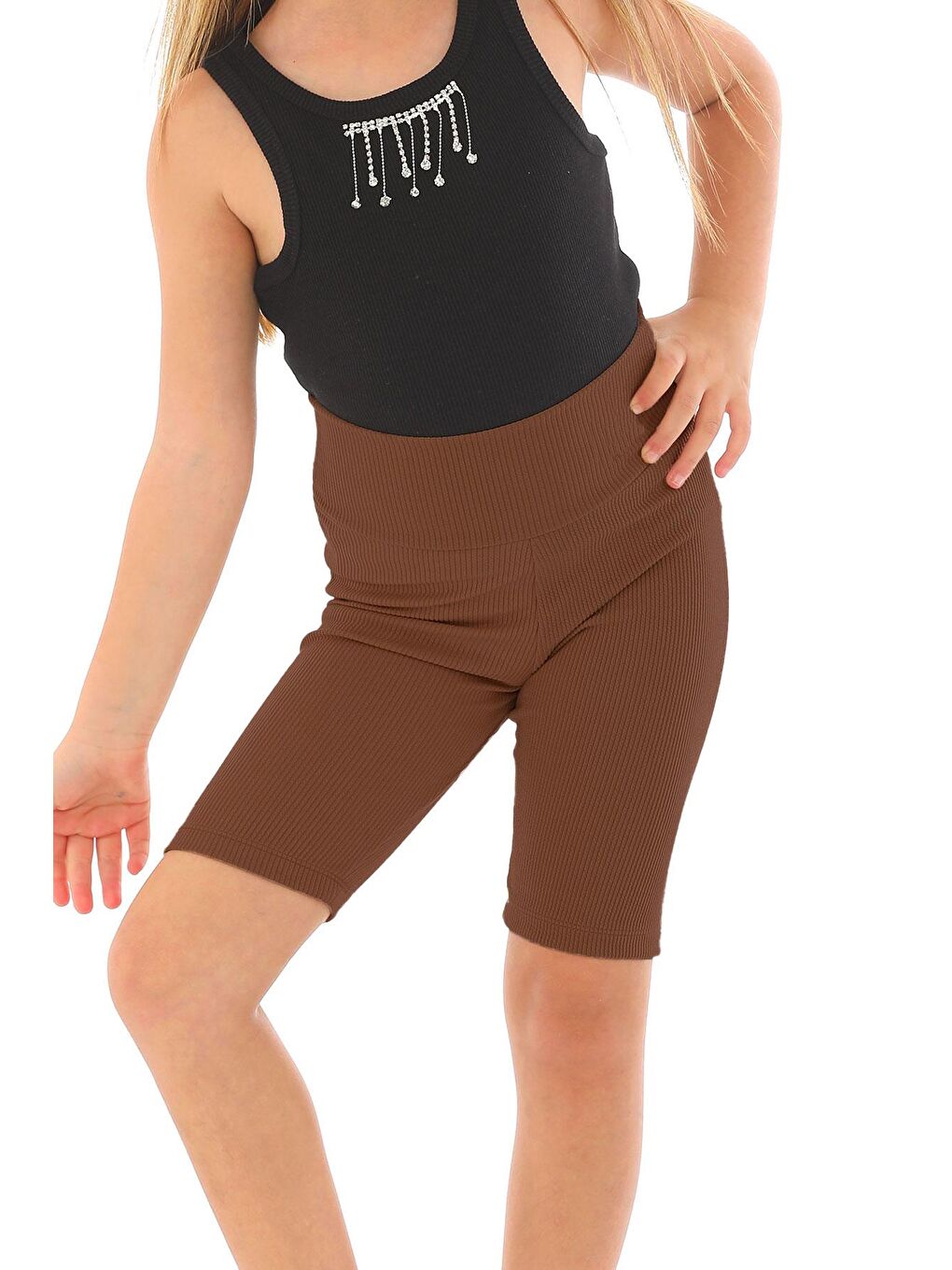 Fitilli Kahverengi Renk Kız Çocuk Tayt-5