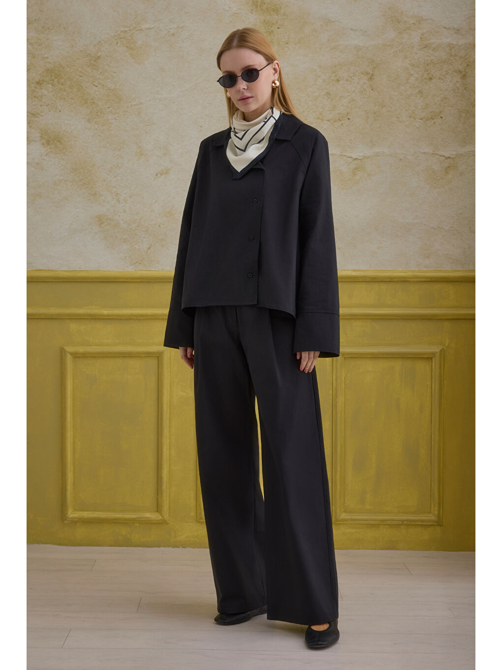 %100 Pamuk Kruvaze Gömlek Siyah-1