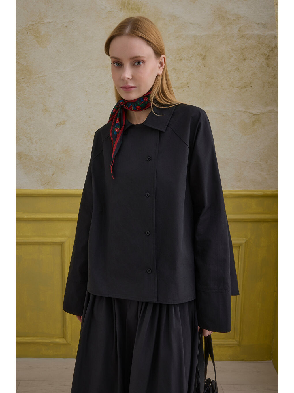 %100 Pamuk Kruvaze Gömlek Siyah-2