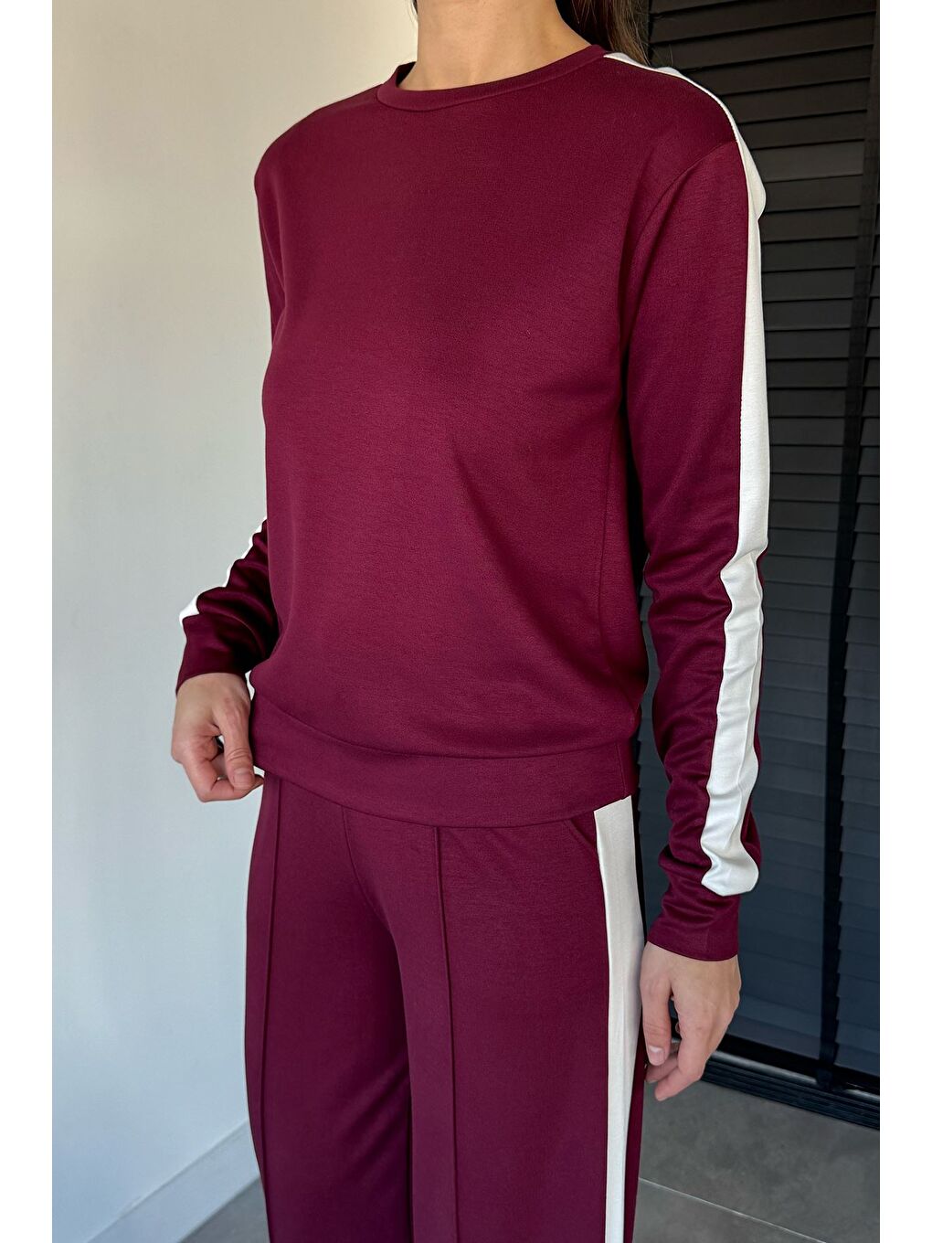 Bordo Bisiklet Yaka Şeritli Sweat Çimalı Pantolon İkili Takım-2