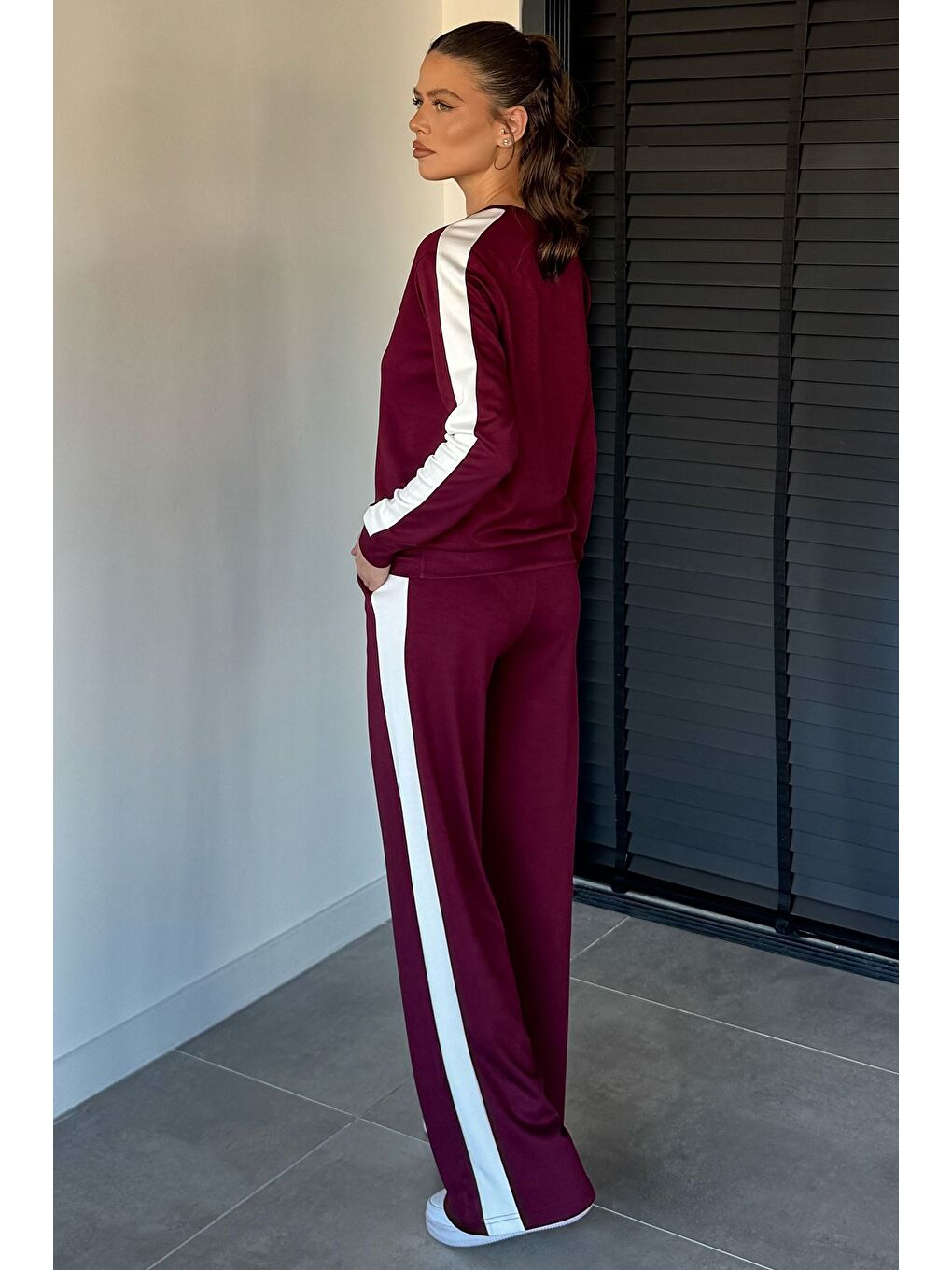 Bordo Bisiklet Yaka Şeritli Sweat Çimalı Pantolon İkili Takım-3