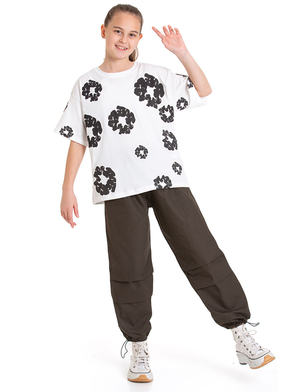 Haki Kız Çocuk 2'li Alt-Üst Takım (Paraşüt Pantolon+T-Shirt) P090-1