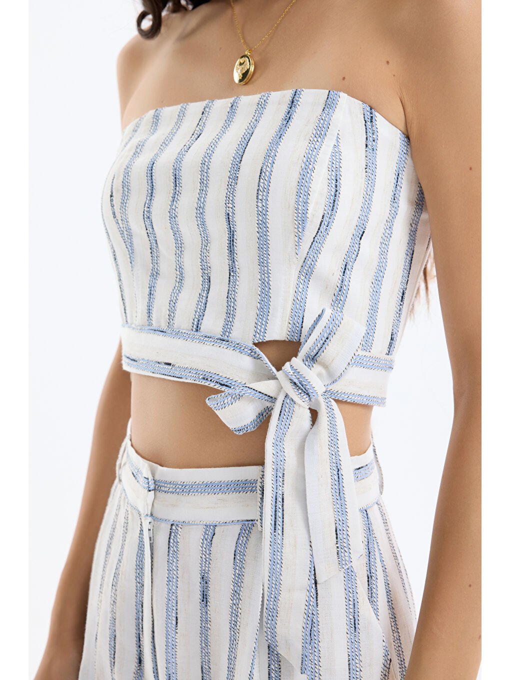 Çizgili Bağlamalı Straplez Keten Bluz Mavi-3