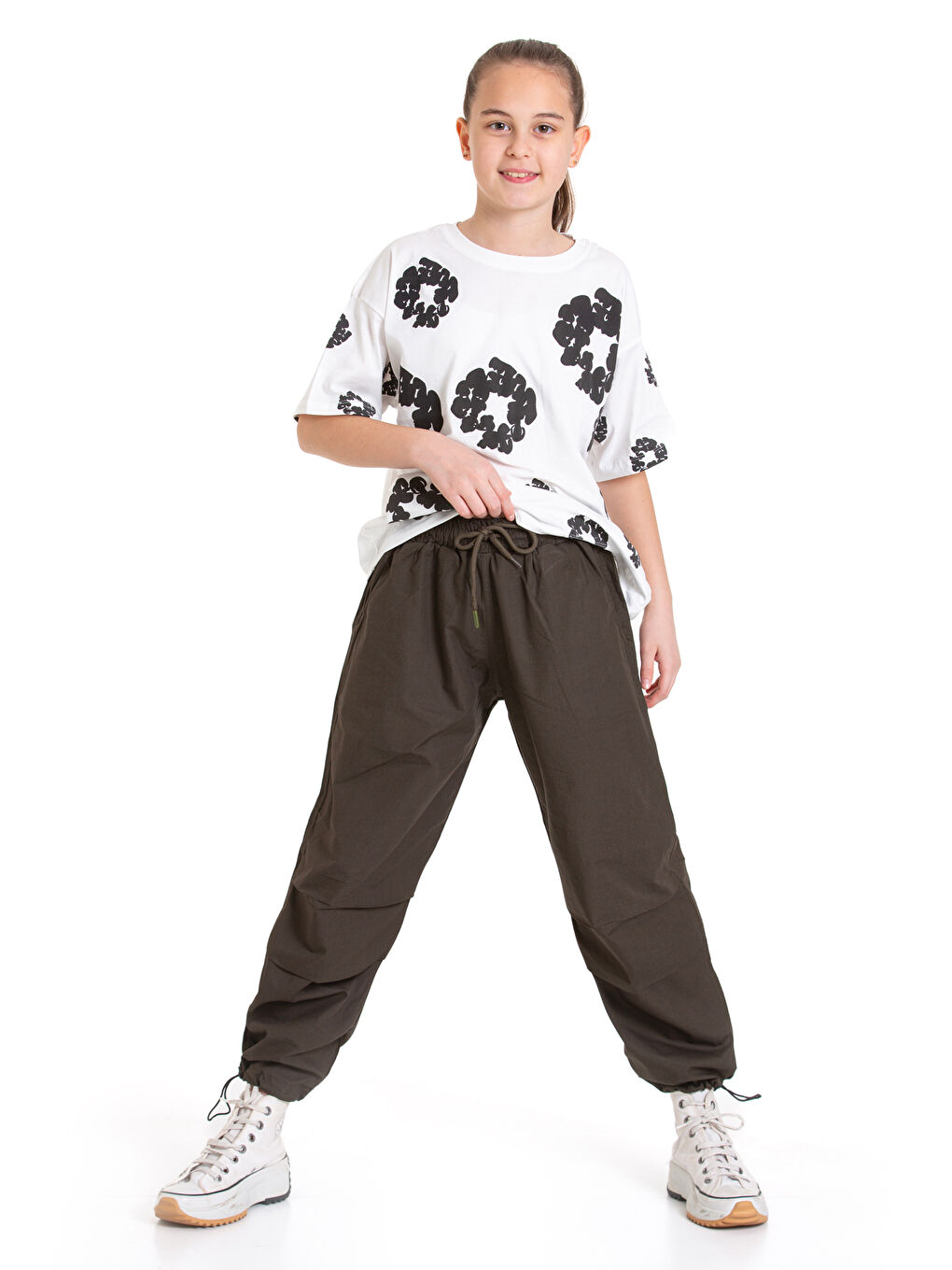 Haki Kız Çocuk 2'li Alt-Üst Takım (Paraşüt Pantolon+T-Shirt) P090-2