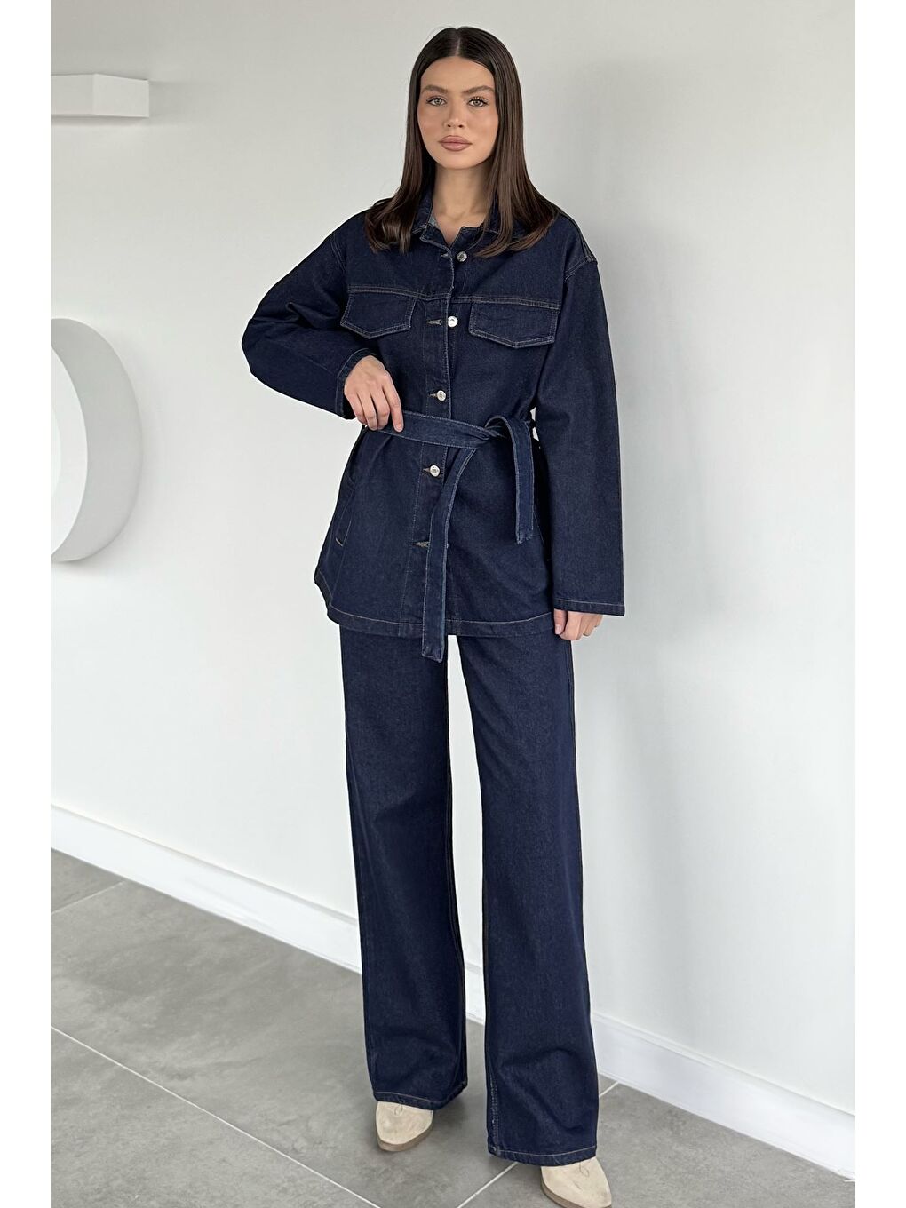 Lacivert Kadın Bel Kuşaklı Jean Jean Ceket Pantolon İkili Takım