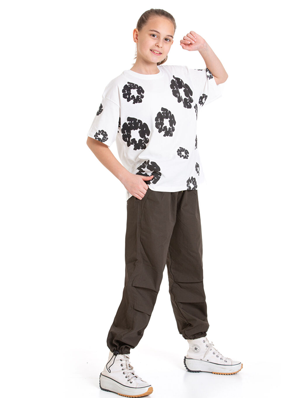 Haki Kız Çocuk 2'li Alt-Üst Takım (Paraşüt Pantolon+T-Shirt) P090-3