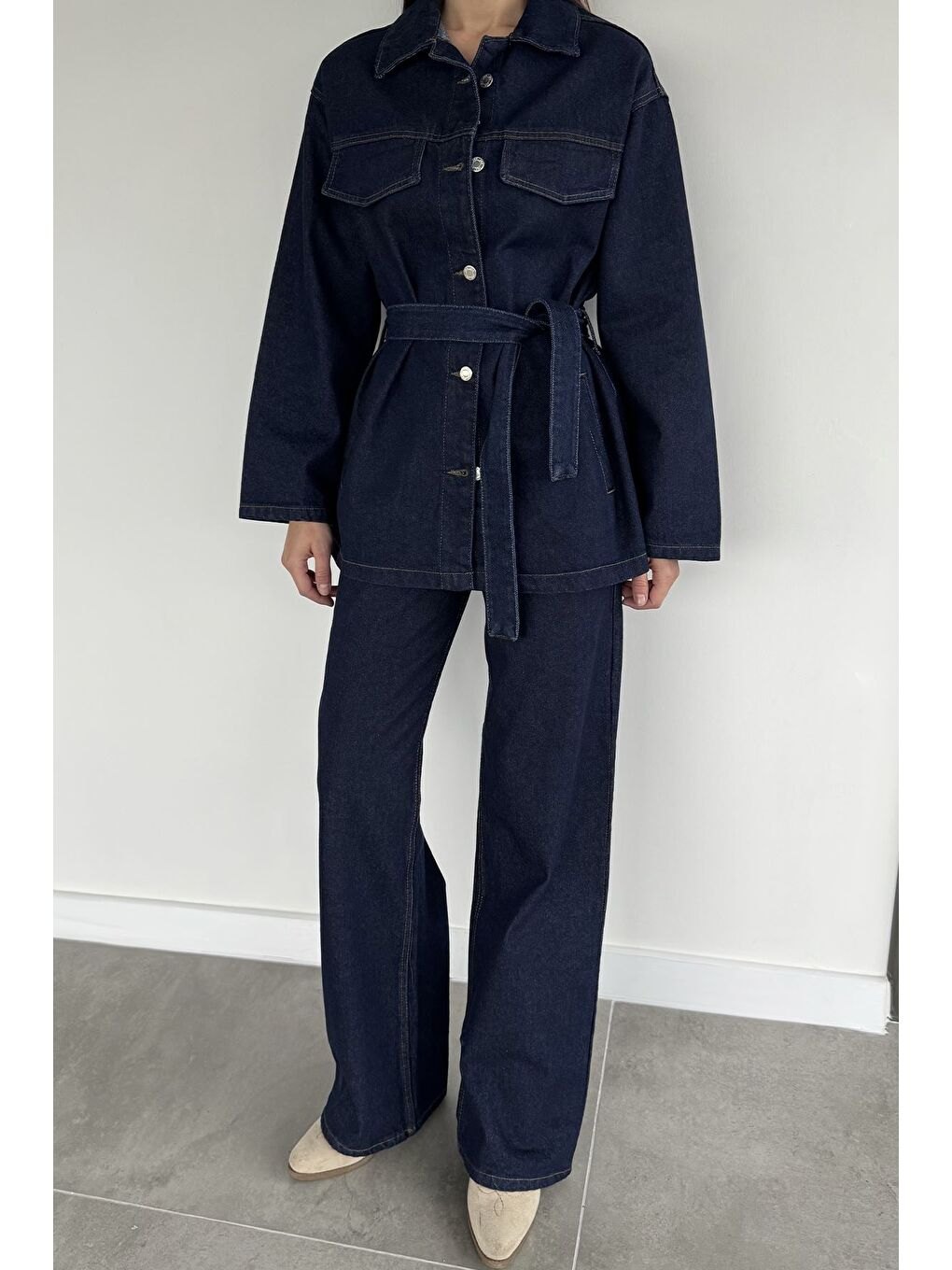 Lacivert Kadın Bel Kuşaklı Jean Jean Ceket Pantolon İkili Takım-1
