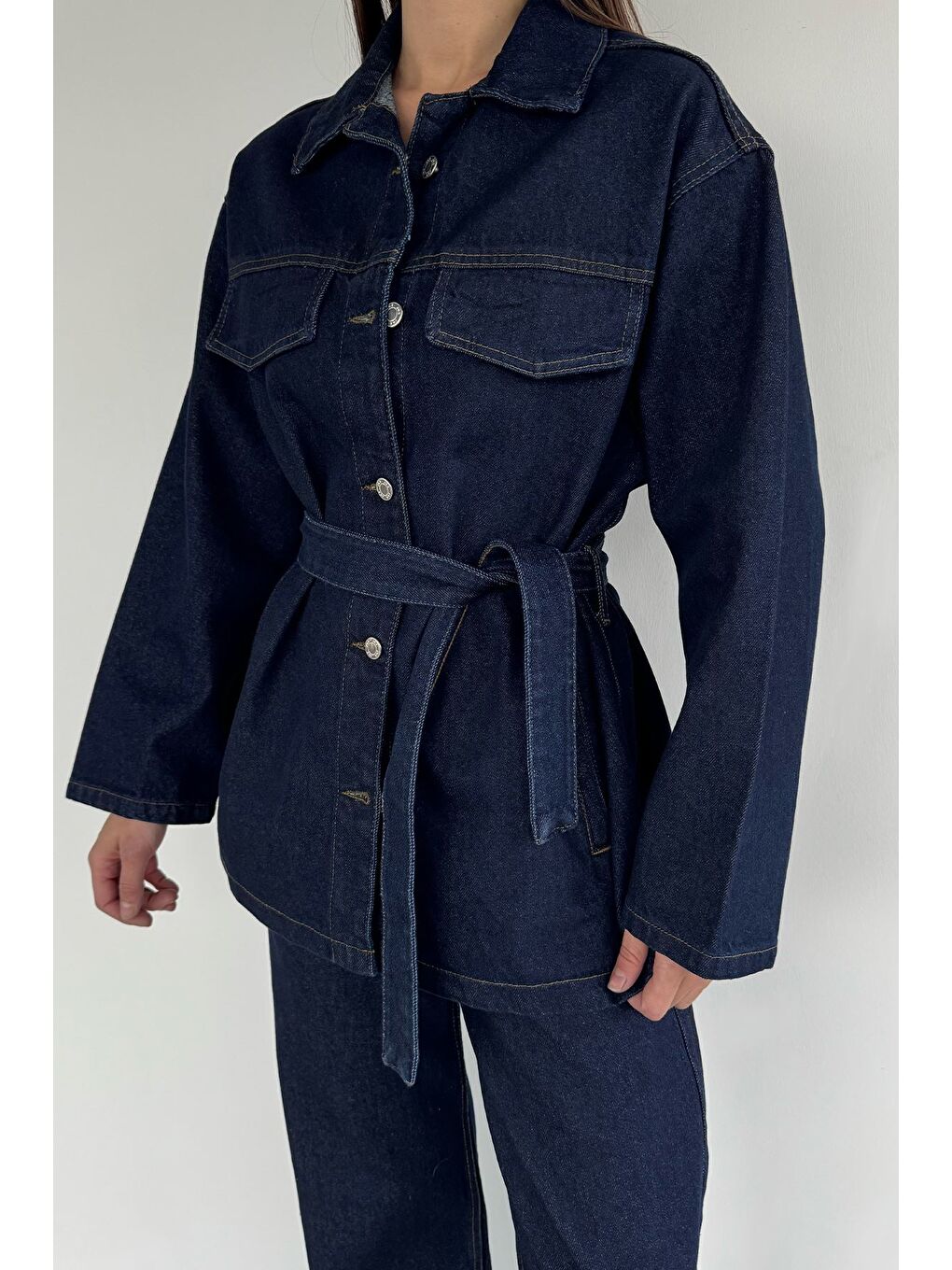 Lacivert Kadın Bel Kuşaklı Jean Jean Ceket Pantolon İkili Takım-2