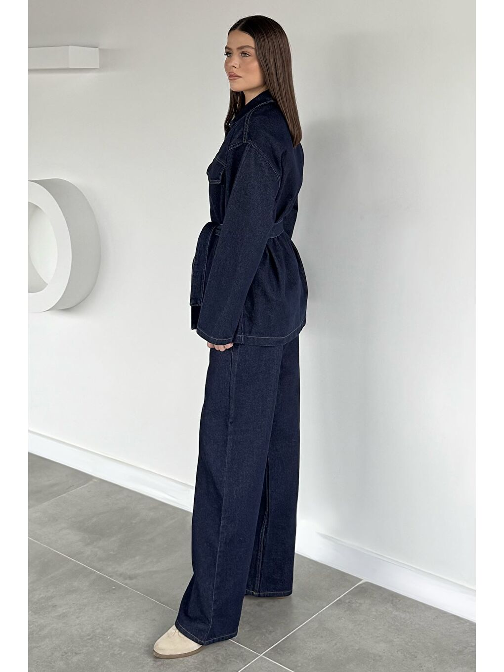 Lacivert Kadın Bel Kuşaklı Jean Jean Ceket Pantolon İkili Takım-3